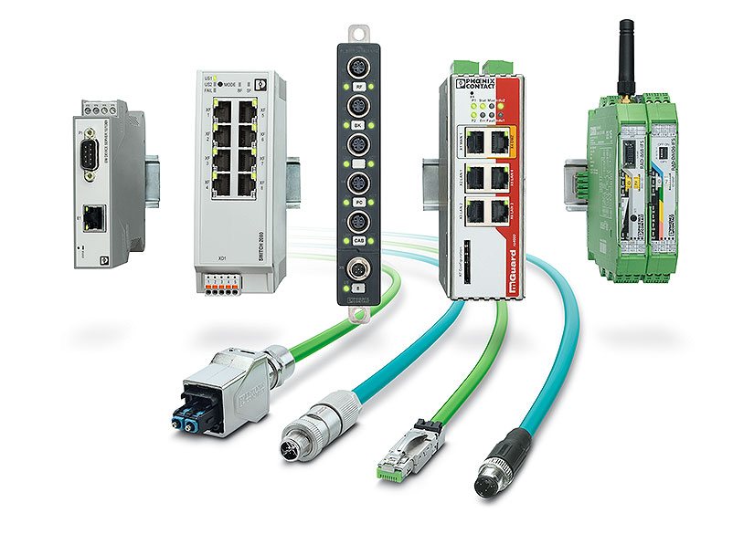 Ağ bileşenleri: seri cihaz sunucusu, switch, güvenlik duvarı, kablosuz modül, hazır kablo, M12 konnektör, RJ45, FO